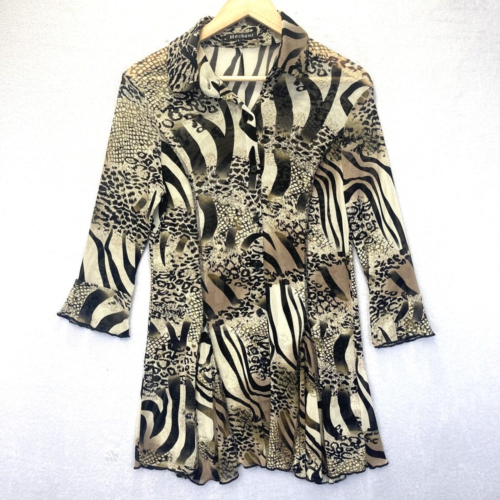 Vintage Mechant Y2K Sheer Animal Print Tunic Blouse Leopard Womens Large L Brown